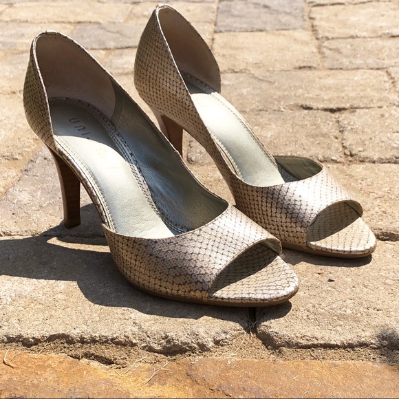 Metallic Leather Snakeskin d’Orsay Peep Toe Pumps - Picture 6 of 13